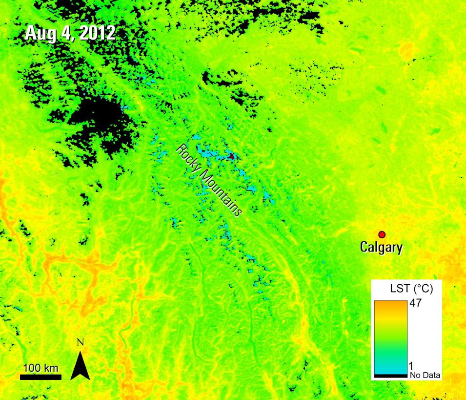 Terra MODIS Daytime Land Surface Temperature (LST) visualization of the Rocky Mountains in western Alberta, Canada, showing thermal patterns during summer 2012 from the study region of Laskin et al. (2019)