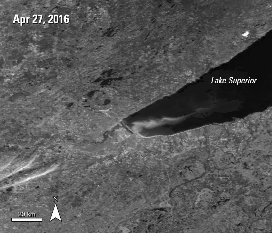 Terra MODIS surface reflectance image showing a wind-driven plume over Lake Superior, capturing the atmospheric phenomenon studied in McKinney et al. (2019)