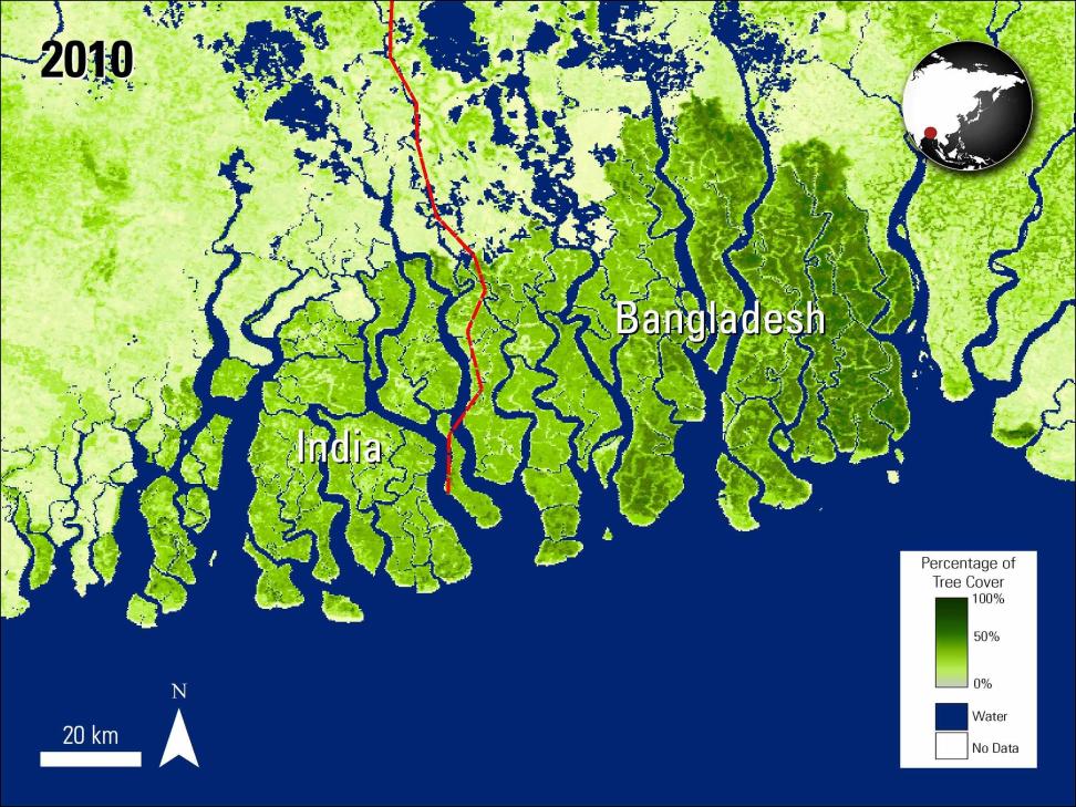 Terra MODIS Percent Tree Cover data (MOD44B) over Sundarbans Forest, Bangladesh and India, acquired March 6, 2010.