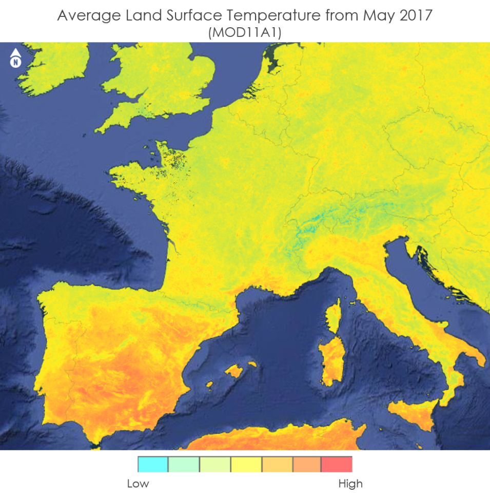 This image has a title at the top reading Average Land Surface Temperature from May 2017 (MOD11A1). The map shows Western Europe colored in seven shades of green, yellow, and red to indicate lower to higher temperatures. The surrounding ocean is colored blue.