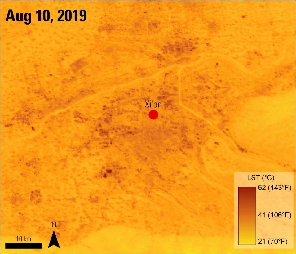 An ISS ECOSTRESS LST map of Xi'an, China, and the surrounding area during August 10, 2019, one of the hottest days recorded during Chang and others' (2021) study period. These data were downloaded using the Application for Extracting and Exploring Analysis Ready Samples (AppEEARS).