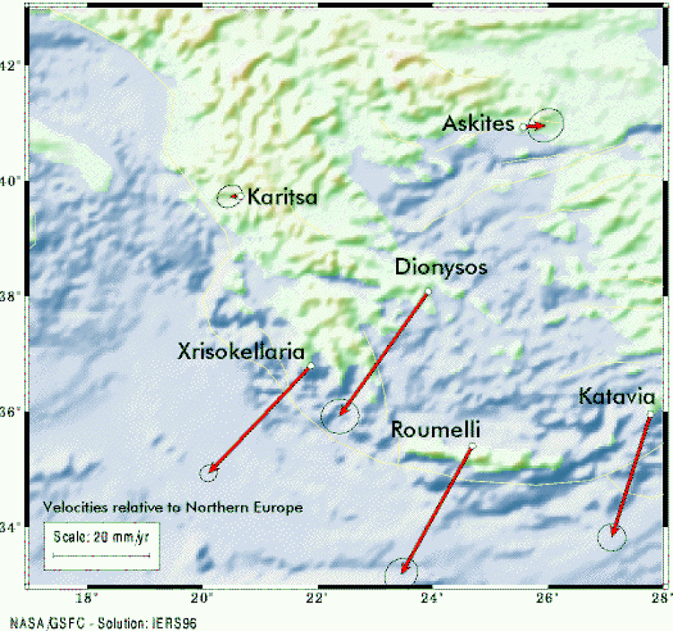 Map of horizontal components of tectonic motion in Greece