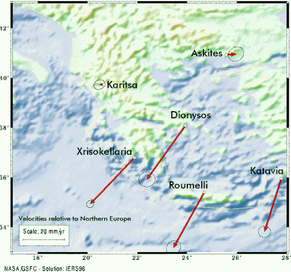 Map of horizontal components of tectonic motion in Greece