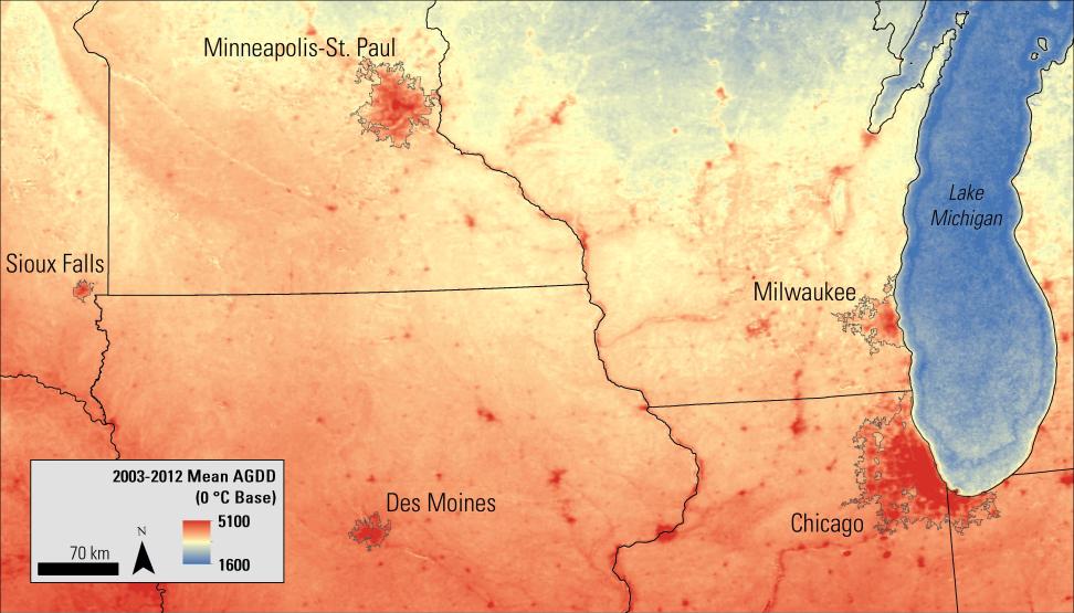 Satellite imagery showing annual mean accumulated growing degree-days for 2003-2012.