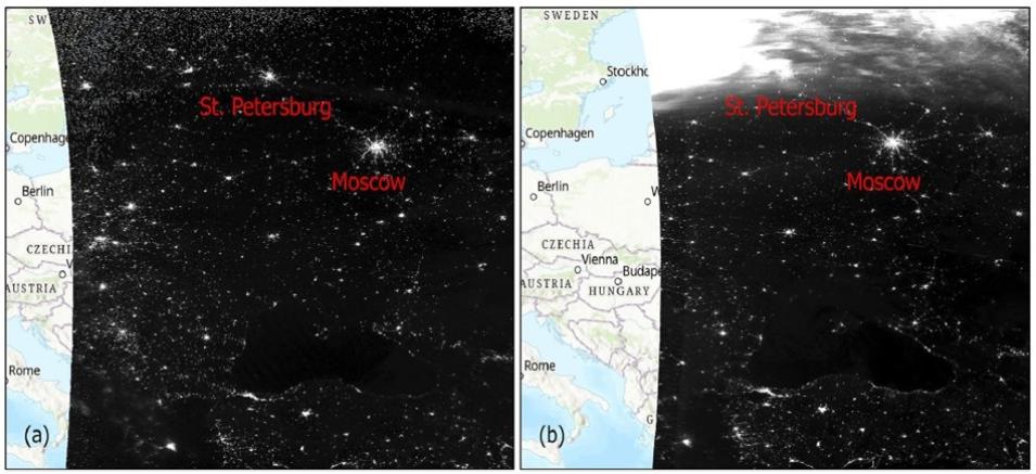 These comparison images show how light from an aurora can obscure nighttime lights visible by the VIIRS instrument aboard the Suomi NPP satellite.