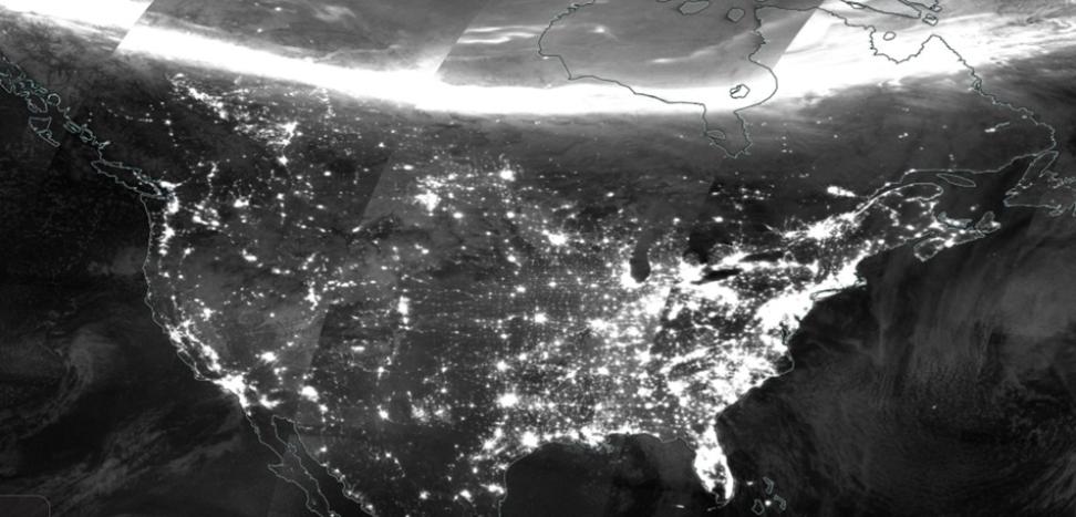 This VIIRS day/Night band image shows an aurora across the Canadian portion of North America.