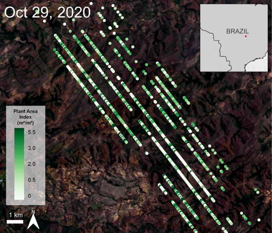 GEDI Level 2B Plant Area Index data overlaid on HLS Sentinel-2 imagery showing vegetation density southwest of Chapada dos Veadeiros National Park, Brazil (October 29, 2020), with red rectangle on inset map indicating location.