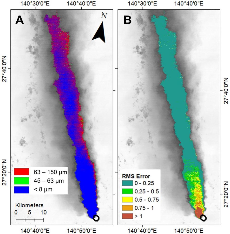 Goddard CAIO logo ASTER satellite imagery showing volcanic plume particle size distribution (left) and error analysis (right) from Santiaguito volcano, with color-coded particle sizes and corresponding RMS error values.
