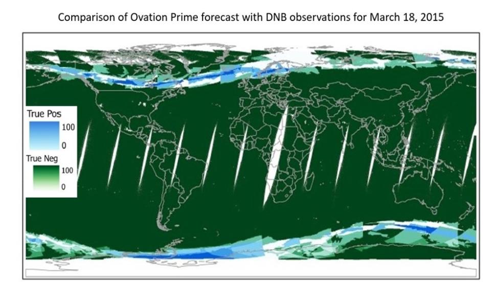 This graphic compares space weather predictions with actual VIIRS day/night band data.