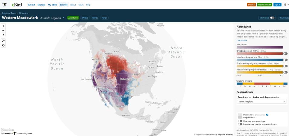 A relative abundance map of Western Meadowlark with a color a gradient that indicates lower relative abundance (light color) to high relative abundance (dark color).