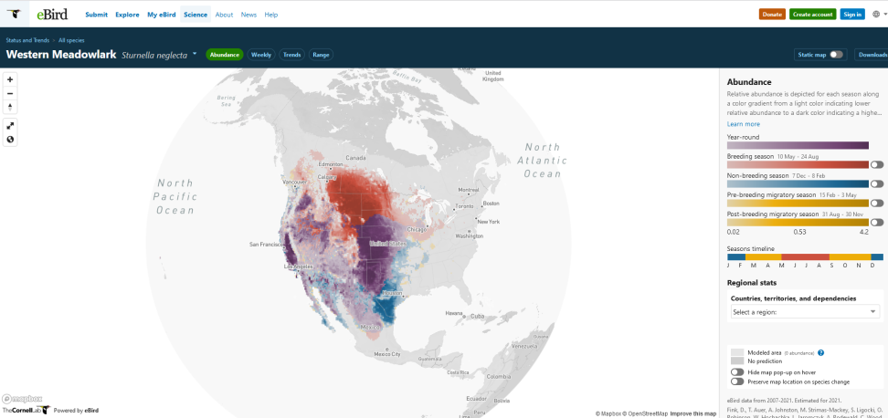 A relative abundance map of Western Meadowlark with a color a gradient that indicates lower relative abundance (light color) to high relative abundance (dark color).