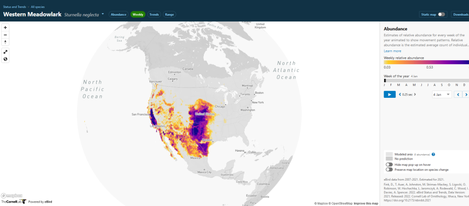 Map showing the abundance of the Western Meadowlark across the United States. Low abundance is shown as shades of yellow while high abundance is shown in shades of purple.