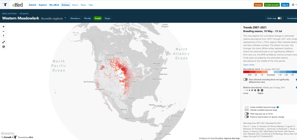A map showing the overall change in the Western Meadowlark abundance with red dots indicating a decline with darker red dots indicate a stronger change. Blue dots indicate an increase in abundance and white dots show no difference in abundance.