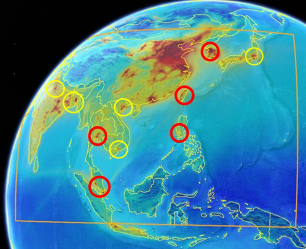 The orange frame in this graphic shows the observing domain for South Korea’s Geostationary Environment Monitoring Spectrometer.