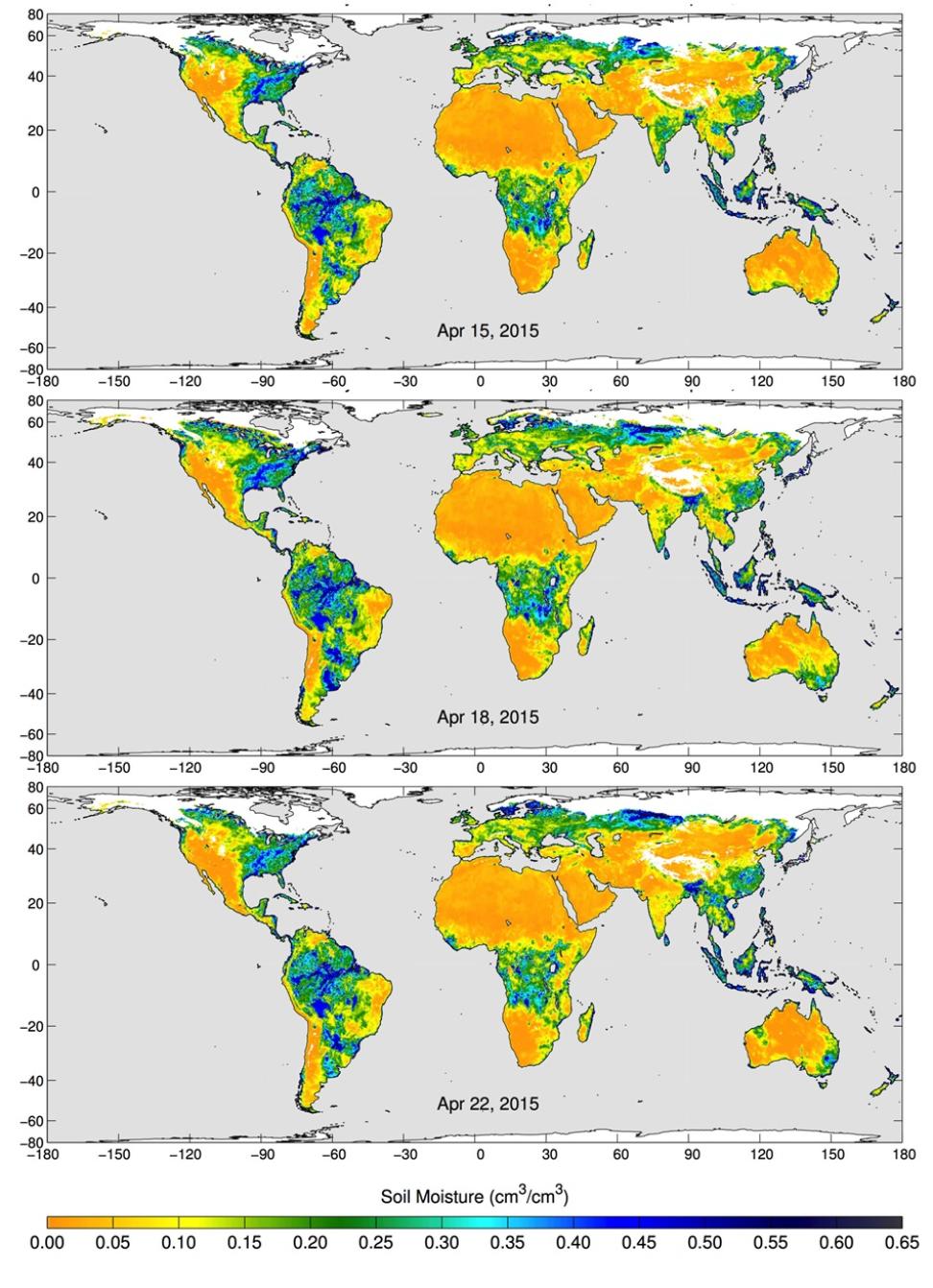 Maps of global soil moisture were created using data from the radiometer instrument on NASA's Soil Moisture Active Passive (SMAP) observatory. 