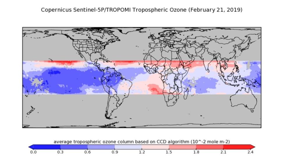 A visualization of data from the Copernicus Sentinel-5P/TROPOMI Tropospheric Ozone product, acquired on February 21, 2019.