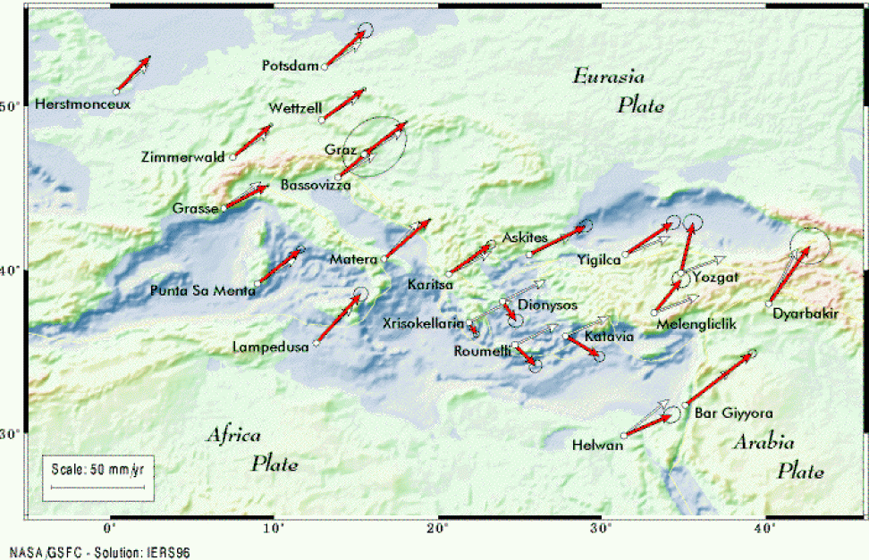 Map of horizontal components of tectonic motion in Europe.