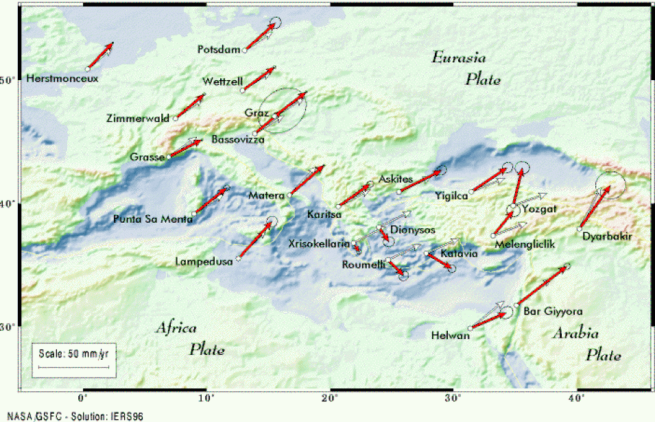 Map of horizontal components of tectonic motion in Europe.