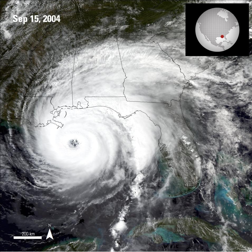 Aqua Moderate Resolution Imaging Spectroradiometer (MODIS) image of Hurricane Ivan rotating over the Gulf of America on September 15, 2004.