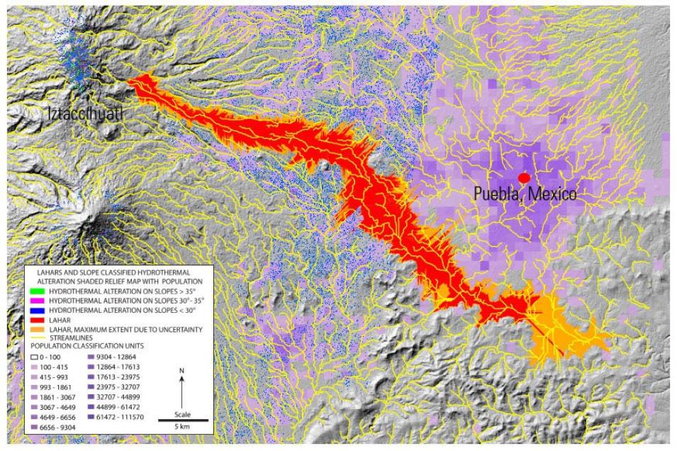 Satellite imagery used to provide an example of a lahar inundation map.