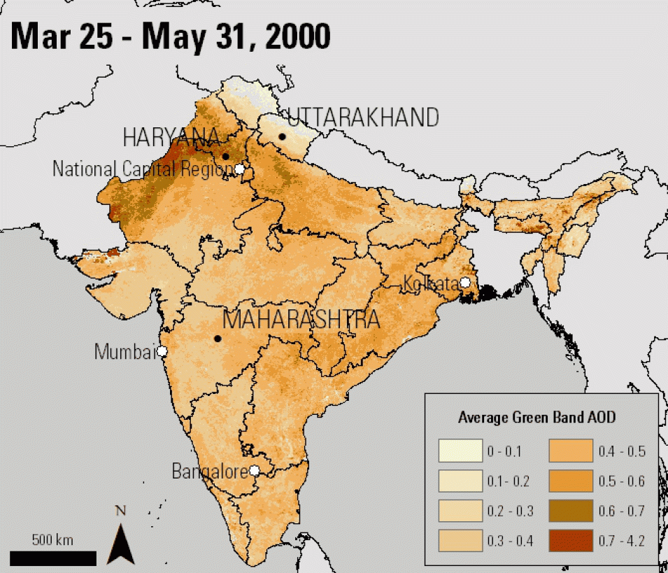 MODIS aerosol optical depth data of India from 2000 to 2020 showing effects of COVID on air pollution.
