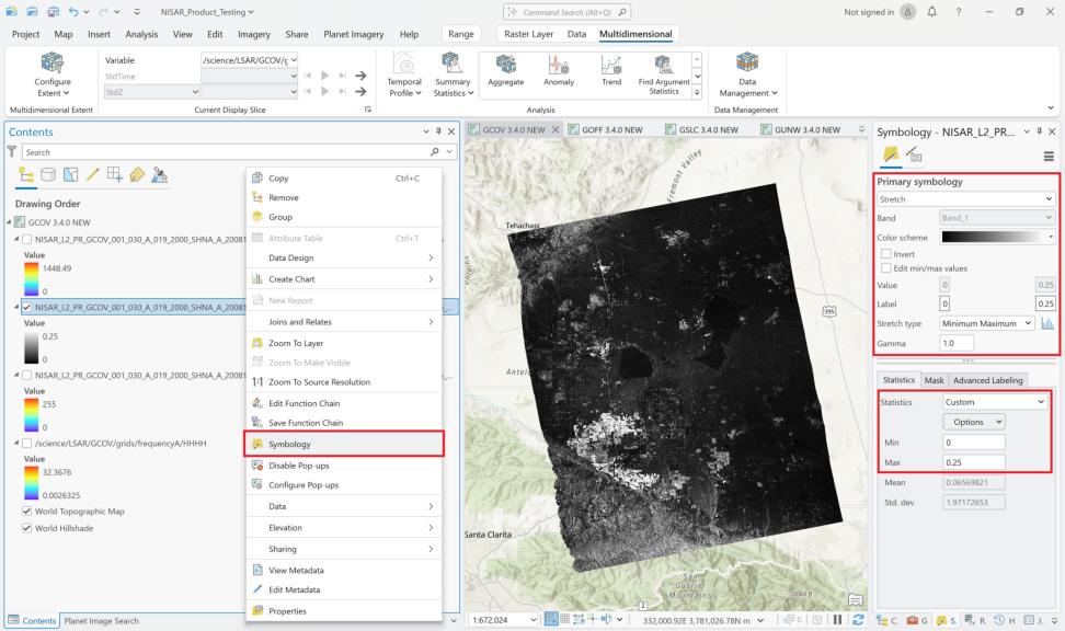 ArcGIS Pro 3.4.0 dashboard highlighting the steps to adjust backscatter stretch settings in red. 