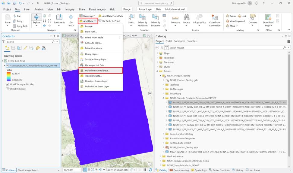 ArcGIS Pro 3.4.0 dashboard showing how to add multidimensional data.