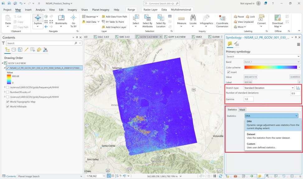 ArcGIS Pro 3.4.0 dashboard showing the application of stretch settings to a Multivariate layer.