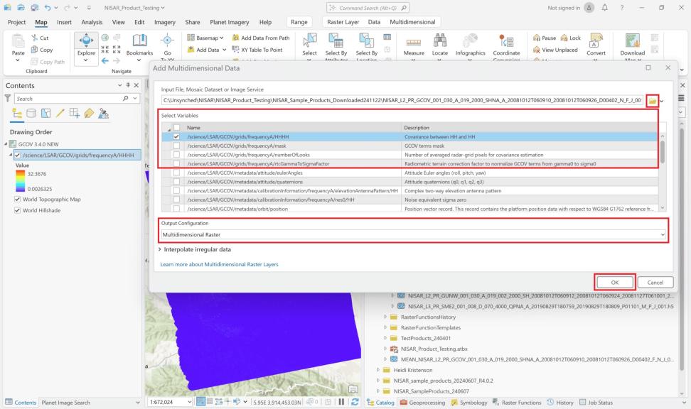 ArcGIS Pro 3.4.0 dashboard with the variable selection process marked in red.