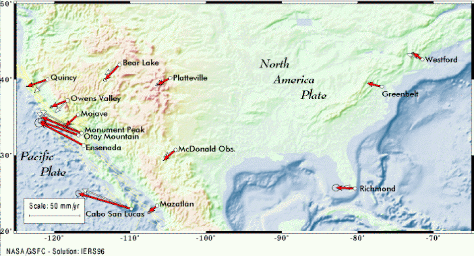 Map of horizontal components of tectonic motion in North America