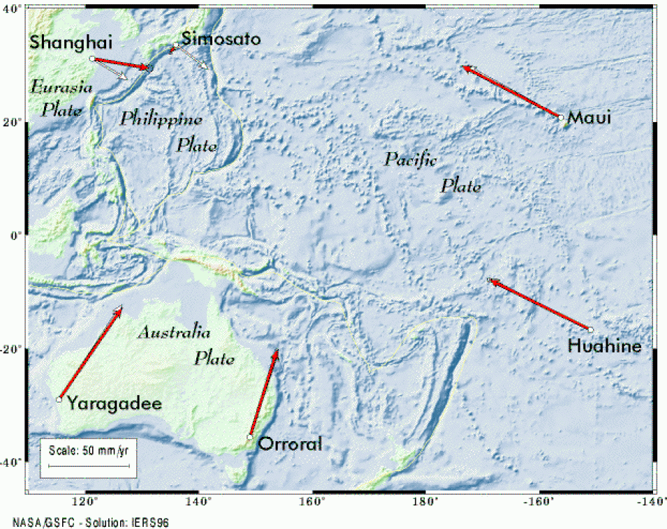 Map of horizontal components of tectonic motion in the Pacific Basin