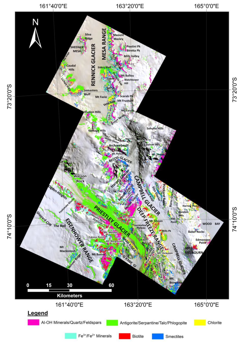 Mosaic map showing phyllosilicate mineral distribution across Mesa Range and Campbell/Priestley Glaciers region, created using ASTER visible, near-infrared, shortwave infrared, and thermal infrared spectral data.