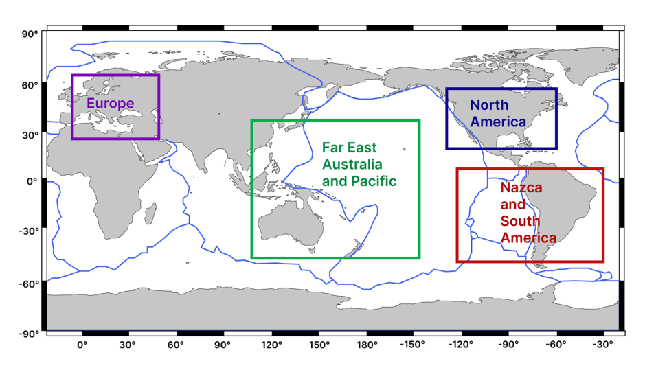 On a global map, four Satellite Laser Ranging site velocity maps are hightlghted in colorful boxes.