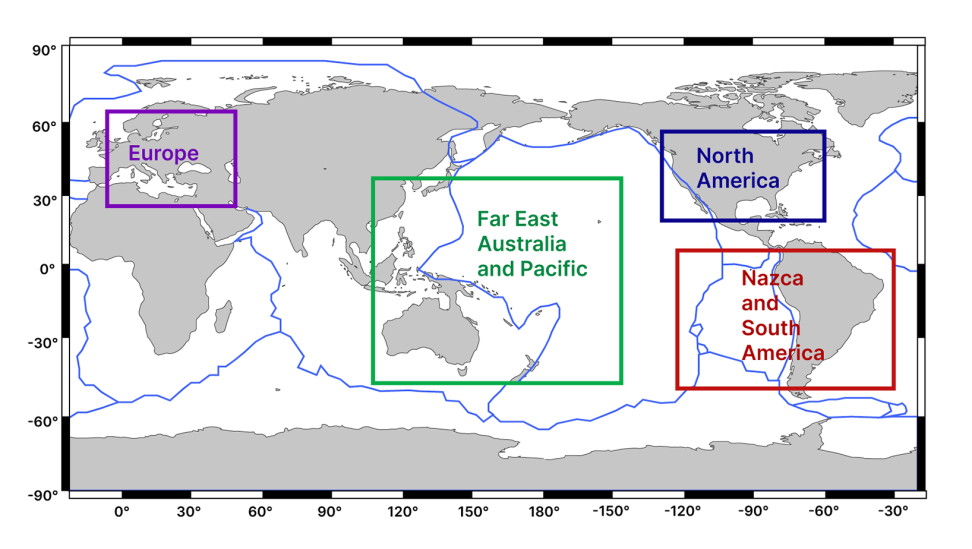 On a global map, four Satellite Laser Ranging site velocity maps are hightlghted in colorful boxes.