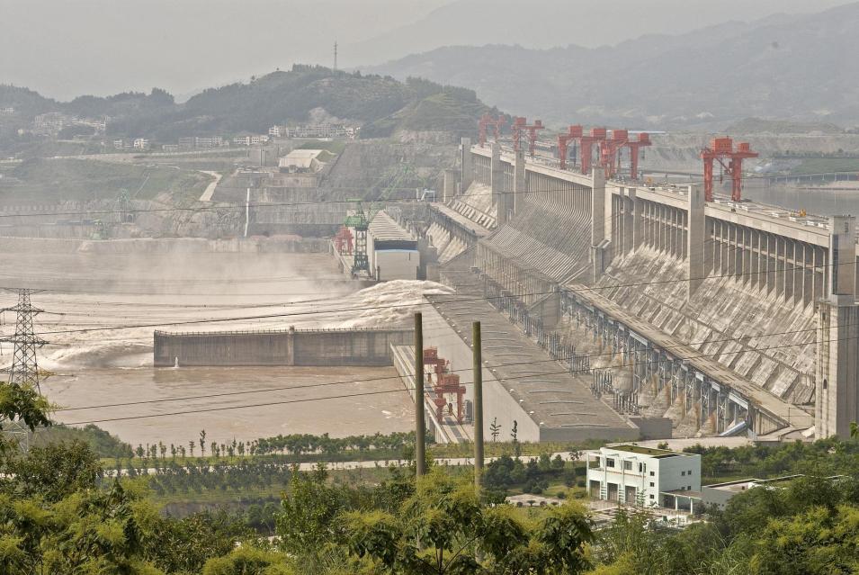 Mountainous terrain is visible in the background of this image of the Three Gorges Dam in China from 2008.
