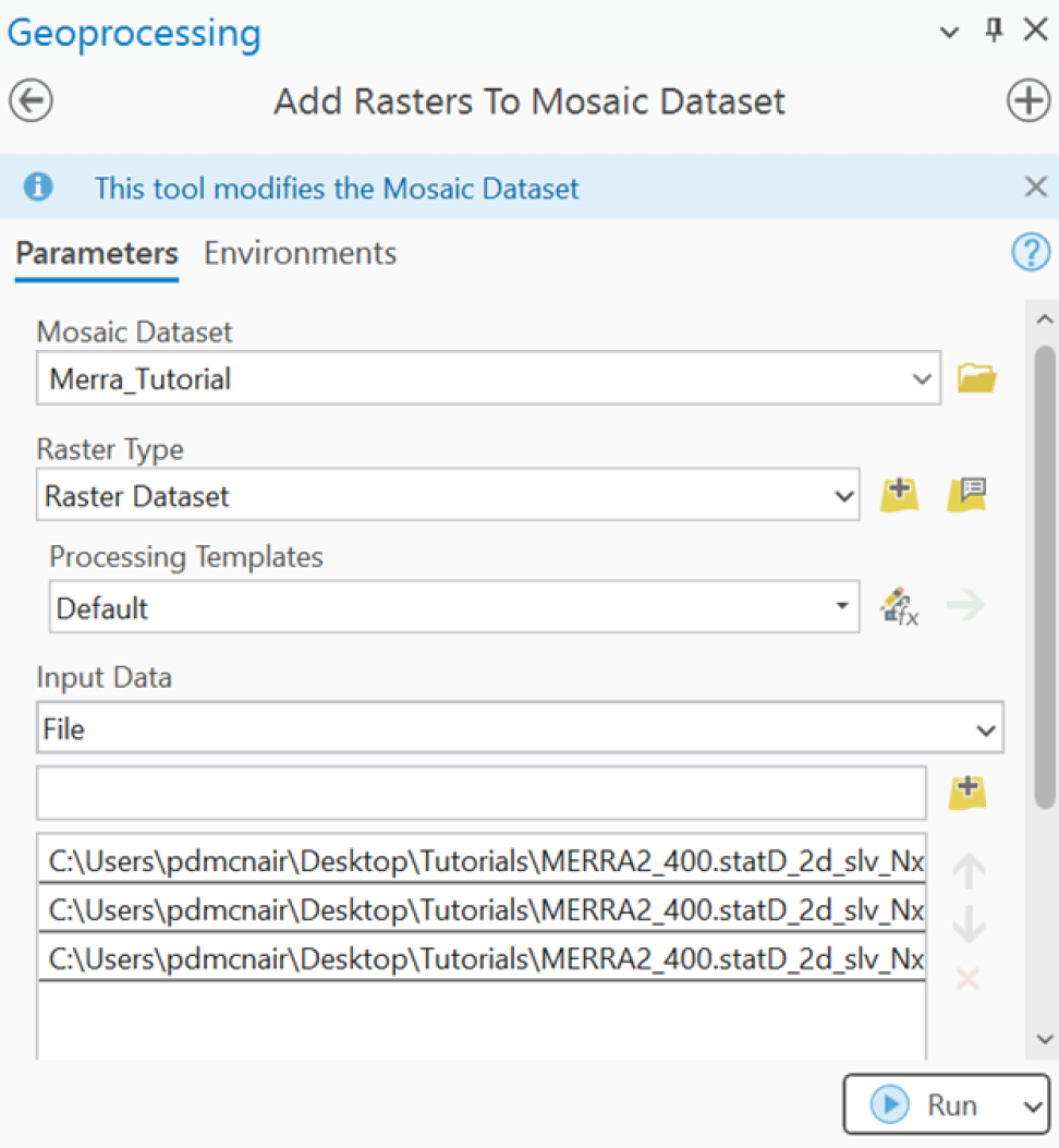 Screenshot of suggested settings for the "Add Rasters to Mosaic Dataset" geoprocessing tool in ArcGIS Pro