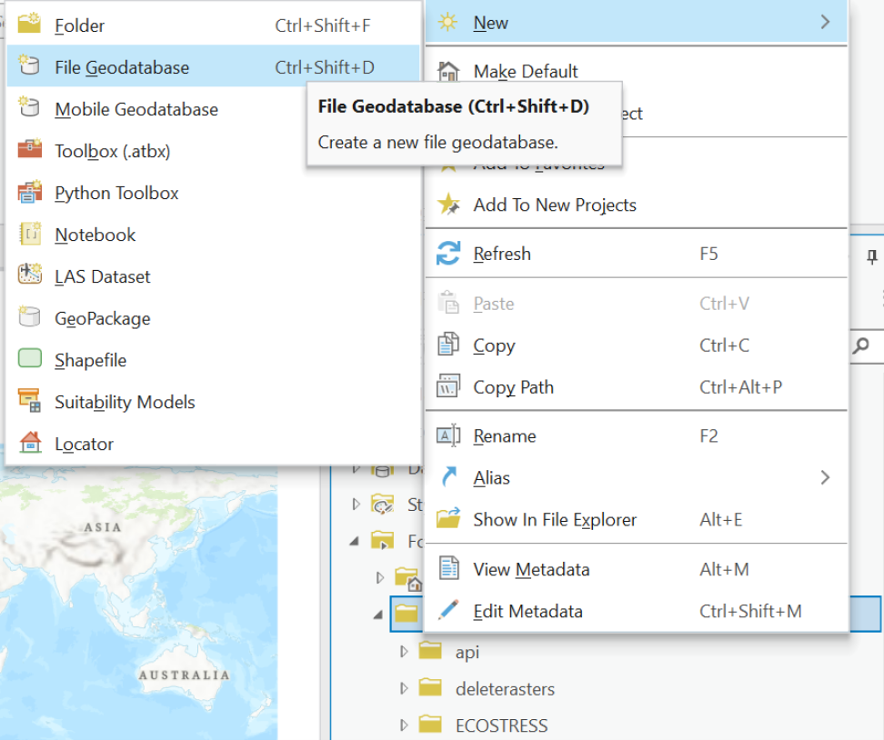 Screenshot displaying how to create a new file geodatabase in ArcGIS Pro 