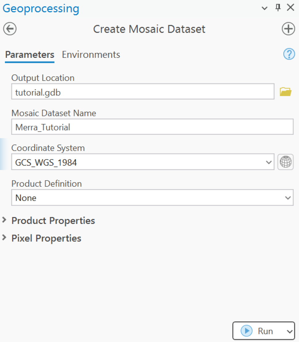 Screenshot of suggested settings for the "Create Mosaic Dataset" geoprocessing tool in ArcGIS Pro