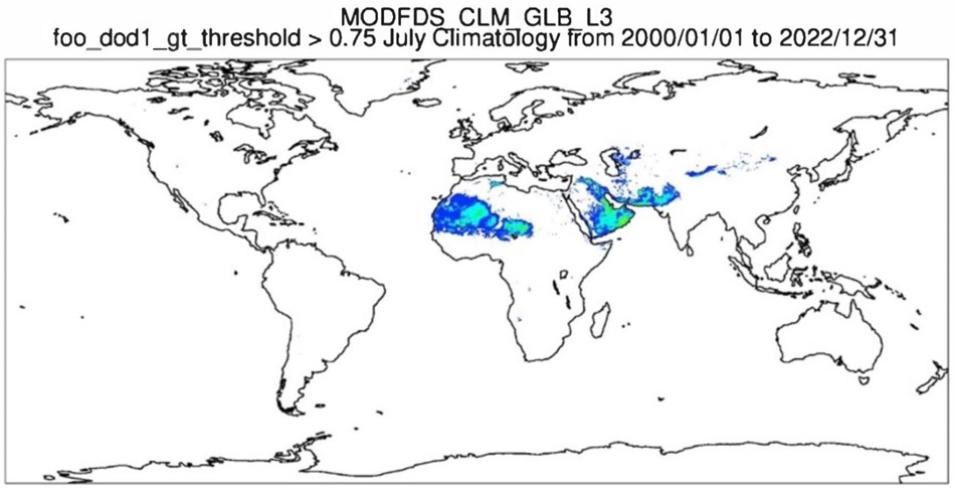 A visualization of (MODIS) Monthly Frequency of Dust Storms (FDS) Version 1 data showing the location of dust storms in Africa and the Middle East.