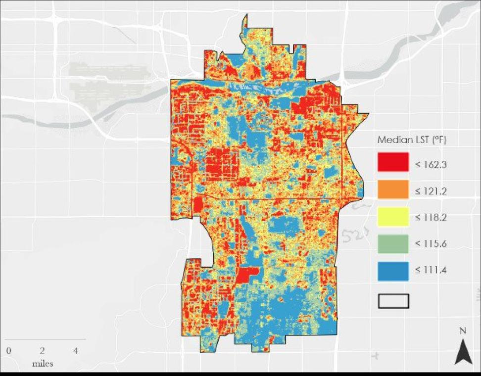 2015-2020 composite map of the median Land Surface Temperature for all warm season months in Tempe, Arizona