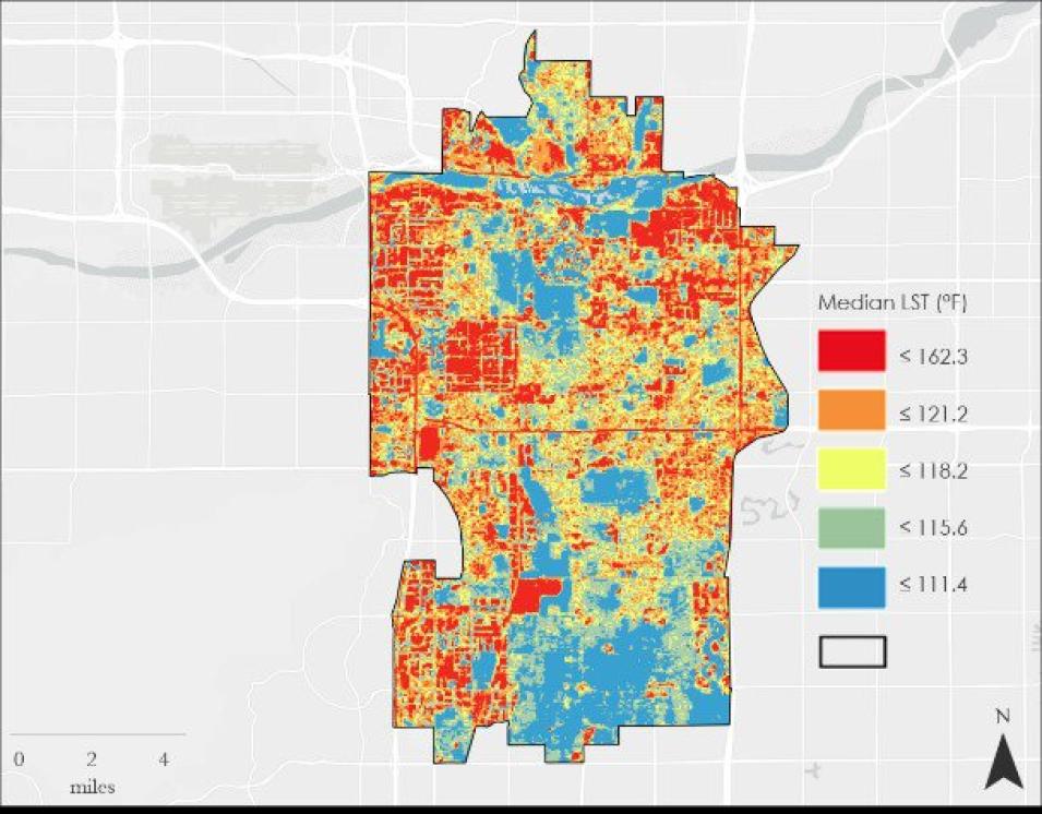 2015-2020 composite map of the median Land Surface Temperature for all warm season months in Tempe, Arizona