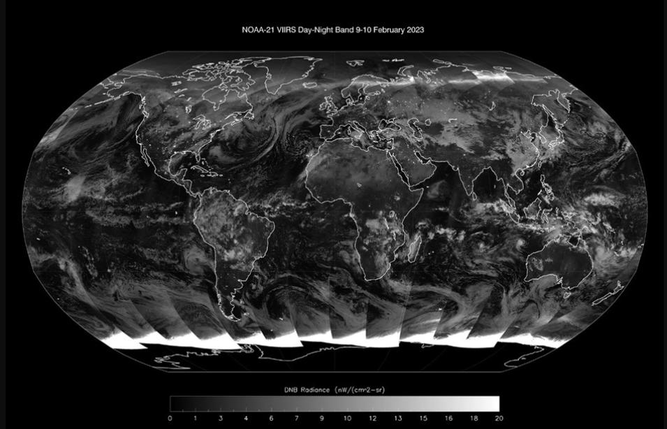 A global composite image of Day/Night Band data from the VIIRS instrument aboard NOAA-21. 