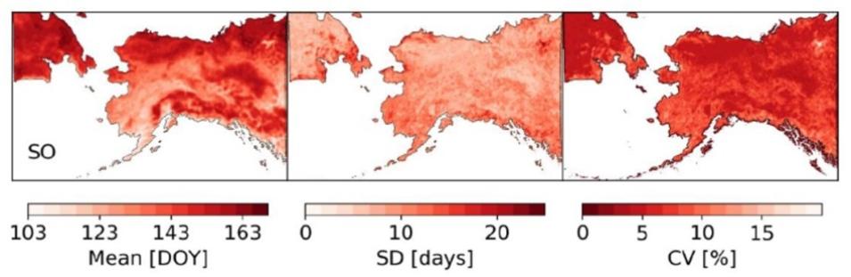 This graphic shows summary statistics from snowoff date maps from 1988 to 2016 across Alaska and parts of Far East Russia and northwest Canada. Shown here are mean (left), standard deviation (middle), and coefficient of variation (right). 
