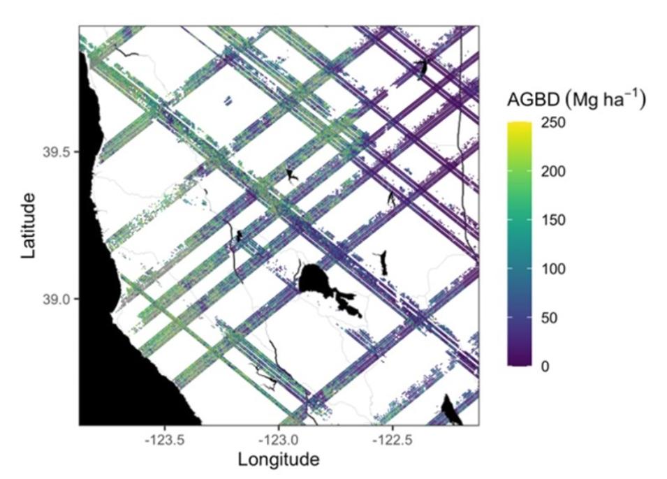 An example subset of aboveground biomass density (AGBD; Mg ha-1) predictions from the GEDI Level-4A footprint product over Northern California  spanning April to July 2019.