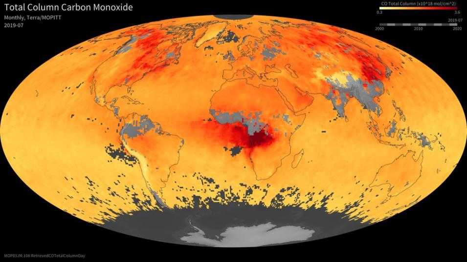A data visualization of global map of total column carbon monoxide.