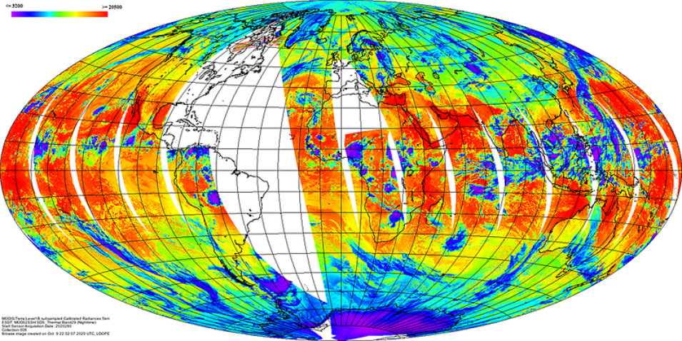 MOD02SSH, BAND 29, night time orbits Data gaps for night time acquisitions for 2020-10-06