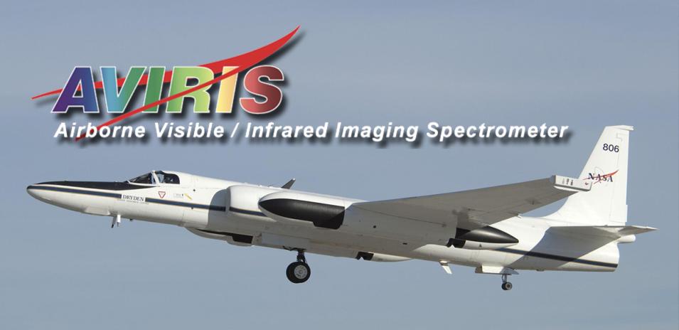 The AVIRIS graphic appears above an airborne plane. Text reads "Airborne Visible InfraRed Imaging Spectrometer"