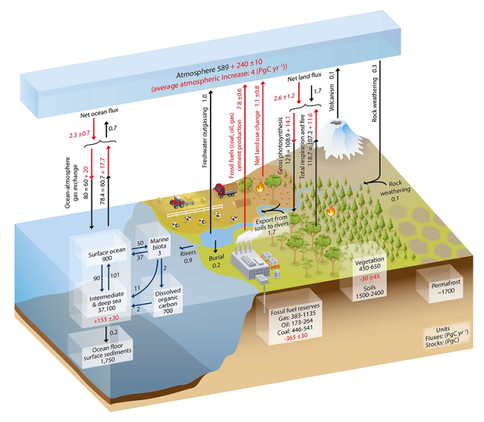 Cross-section of Earth showing the biogeochemical interactions among the atmosphere, hydrosphere (water and ice), biosphere (life), and lithosphere (rock).