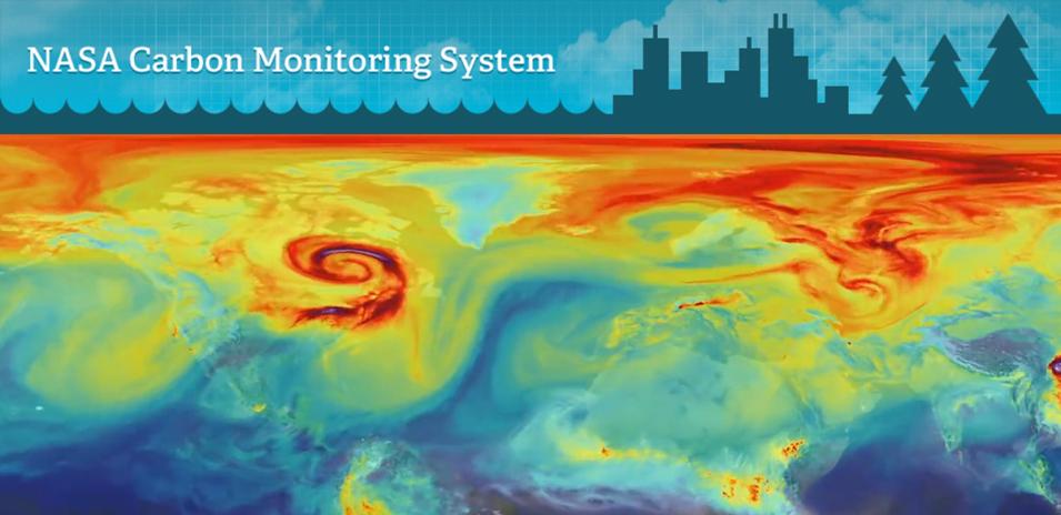 Swirling colors--reds deepening to yellows, greens, and blues--make up the bottom half of the image, with a skyline above and the text "NASA Carbon Monitoring System".