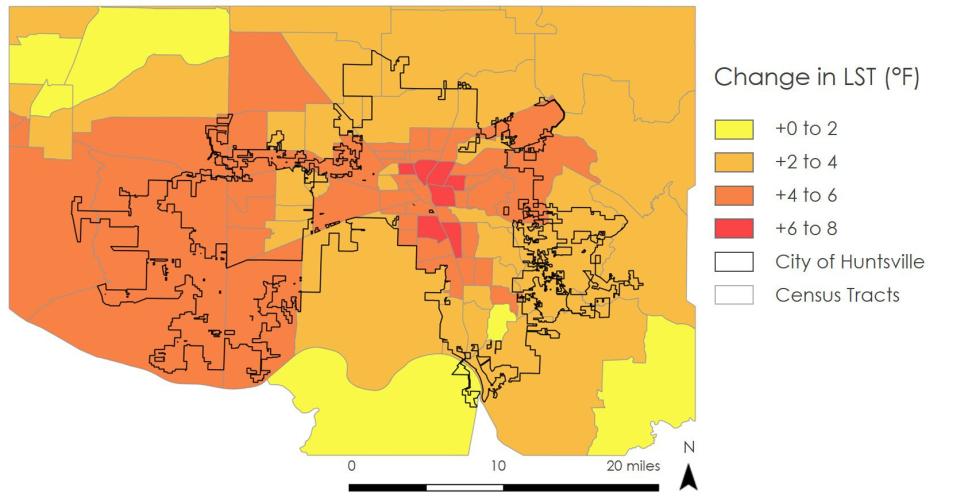 Changes in LST map over Huntsville, Alabama created by the DEVELOP team.